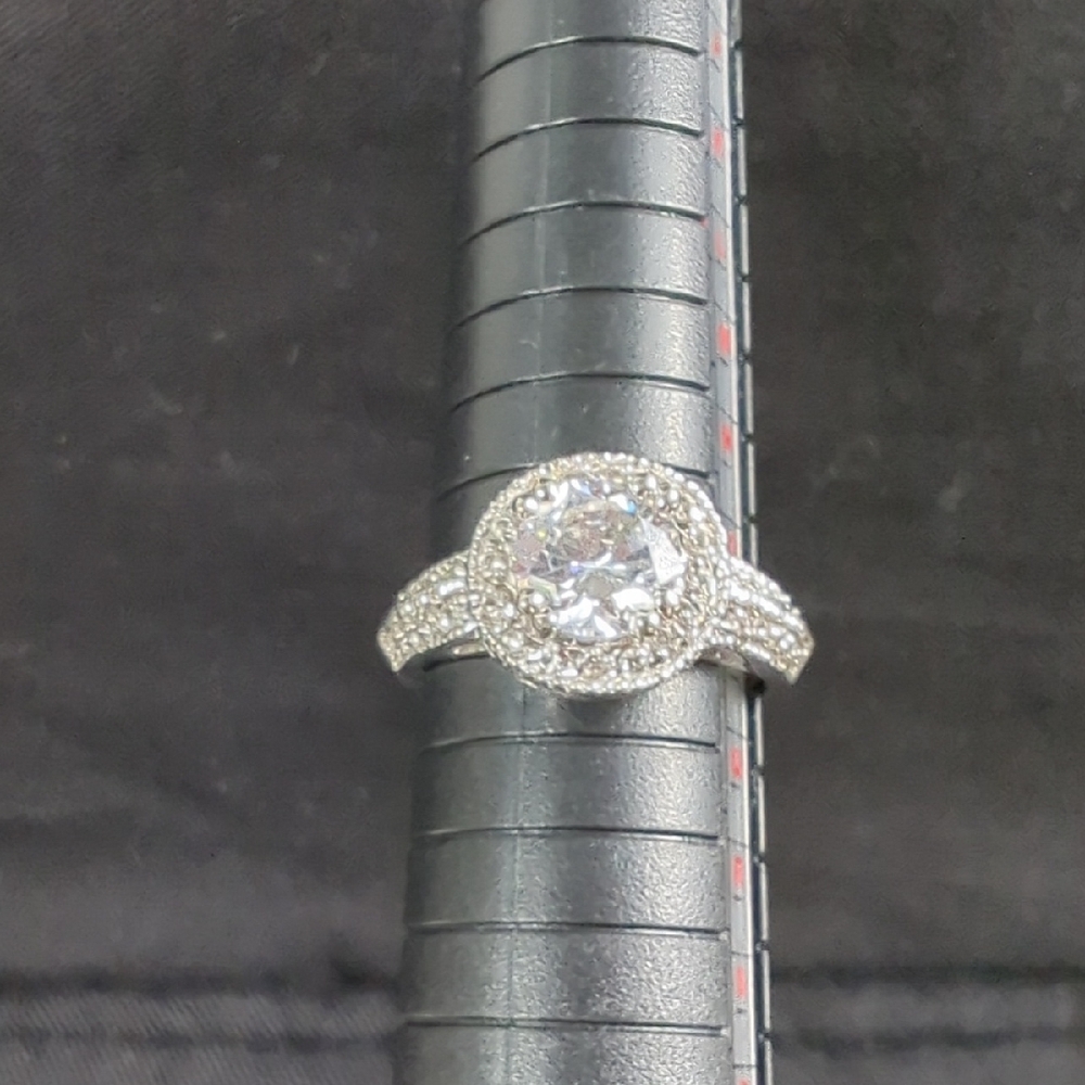 Brilliant Silver-Tone Halo Ring with Clear Center Stone